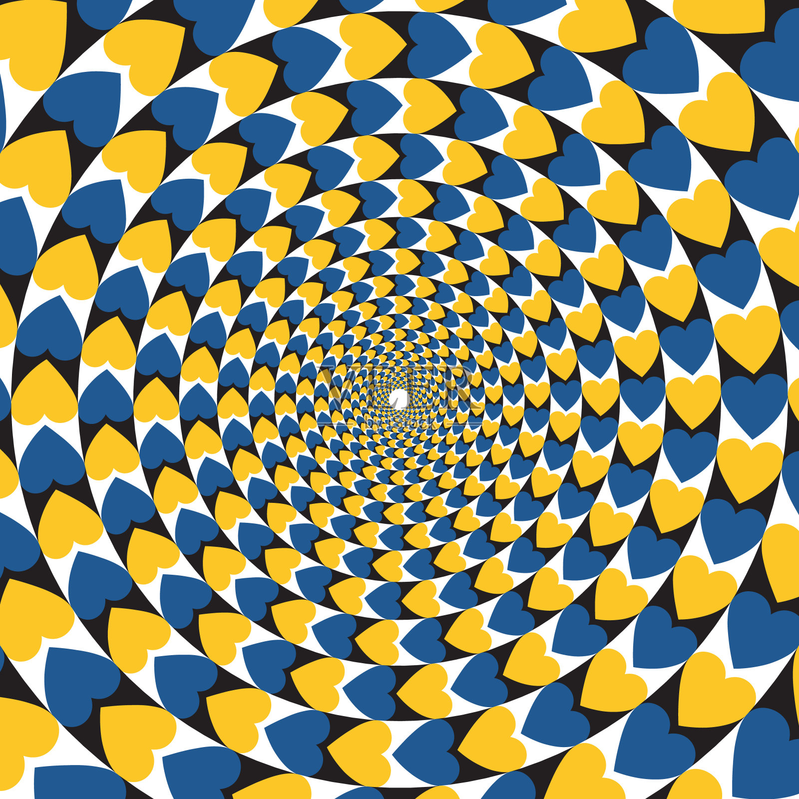 视错觉圆形图案的黄色和蓝色的心形形状。视觉冥想的振动背景设计插画图片素材