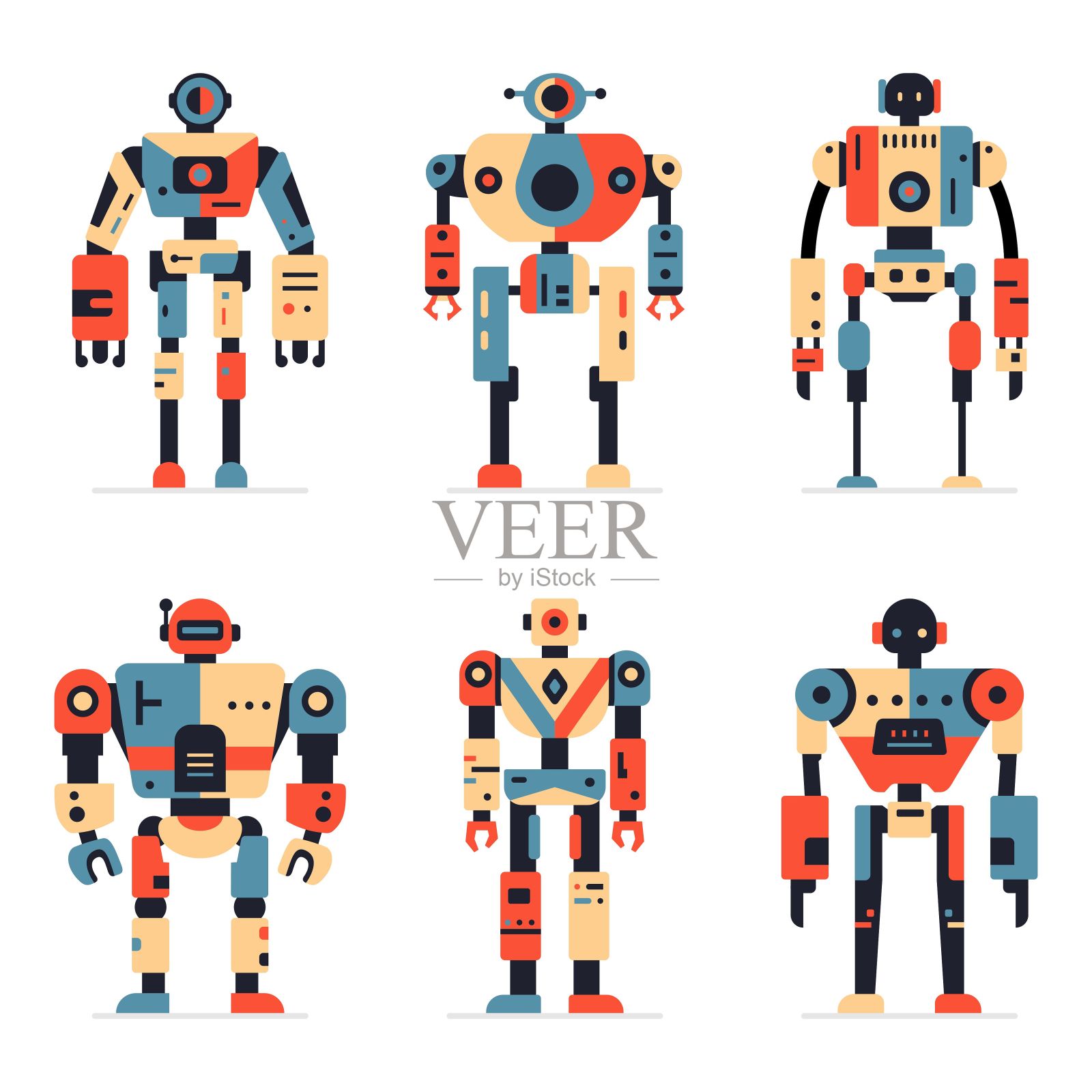 机器人集机器技术半机械人。未来的人形人物设置。科学机器人，安卓友好的角色，机器人技术矢量插图插画图片素材