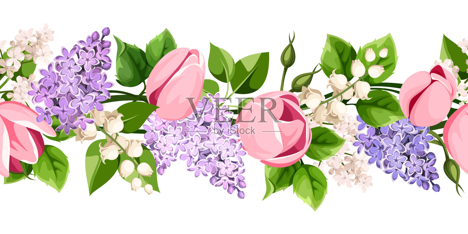 水平无缝边界粉红色和紫色郁金香和丁香花。矢量花环插画图片素材