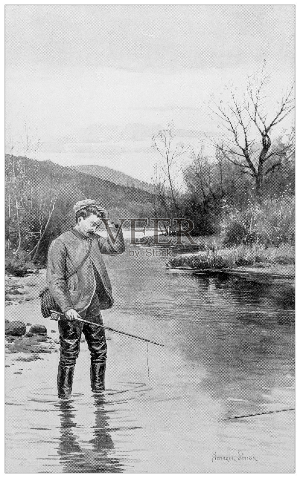 1897年的运动和消遣:淡水钓鱼，断鱼竿插画图片素材