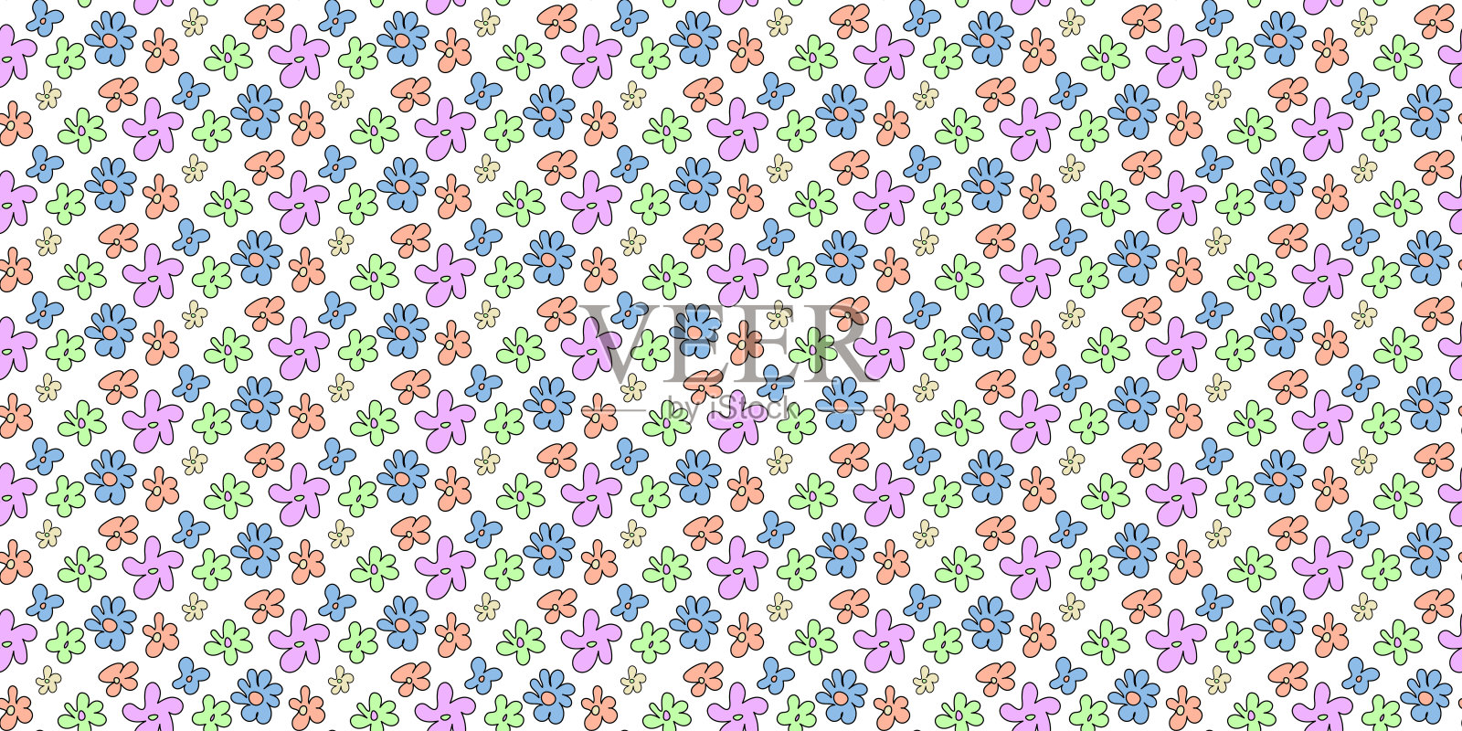 时尚的花卉无缝图案插图。复古70年代风格的嬉皮士花背景设计。彩色粉彩groovy艺术作品，y2k自然背景与雏菊花。插画图片素材