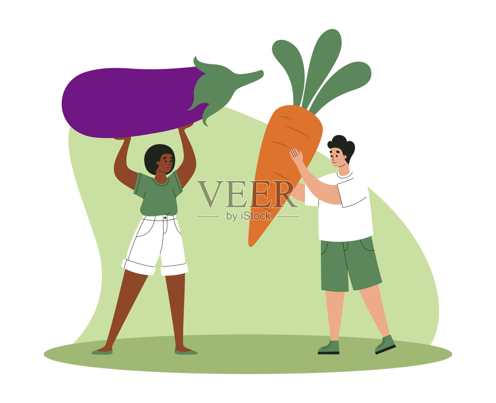人们吃着巨大的蔬菜。矢量平面插图插画图片素材