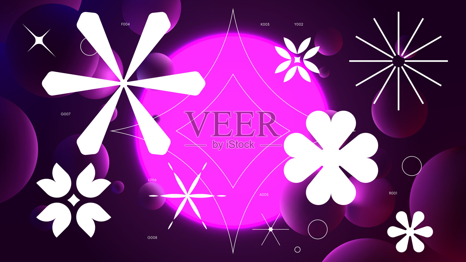 未来主义的矢量渐变与发光的紫色圆圈在黑暗的背景，霓虹灯与反射的球体和几何形状的现代设计灵感来自野蛮主义，千年虫风格插画图片素材