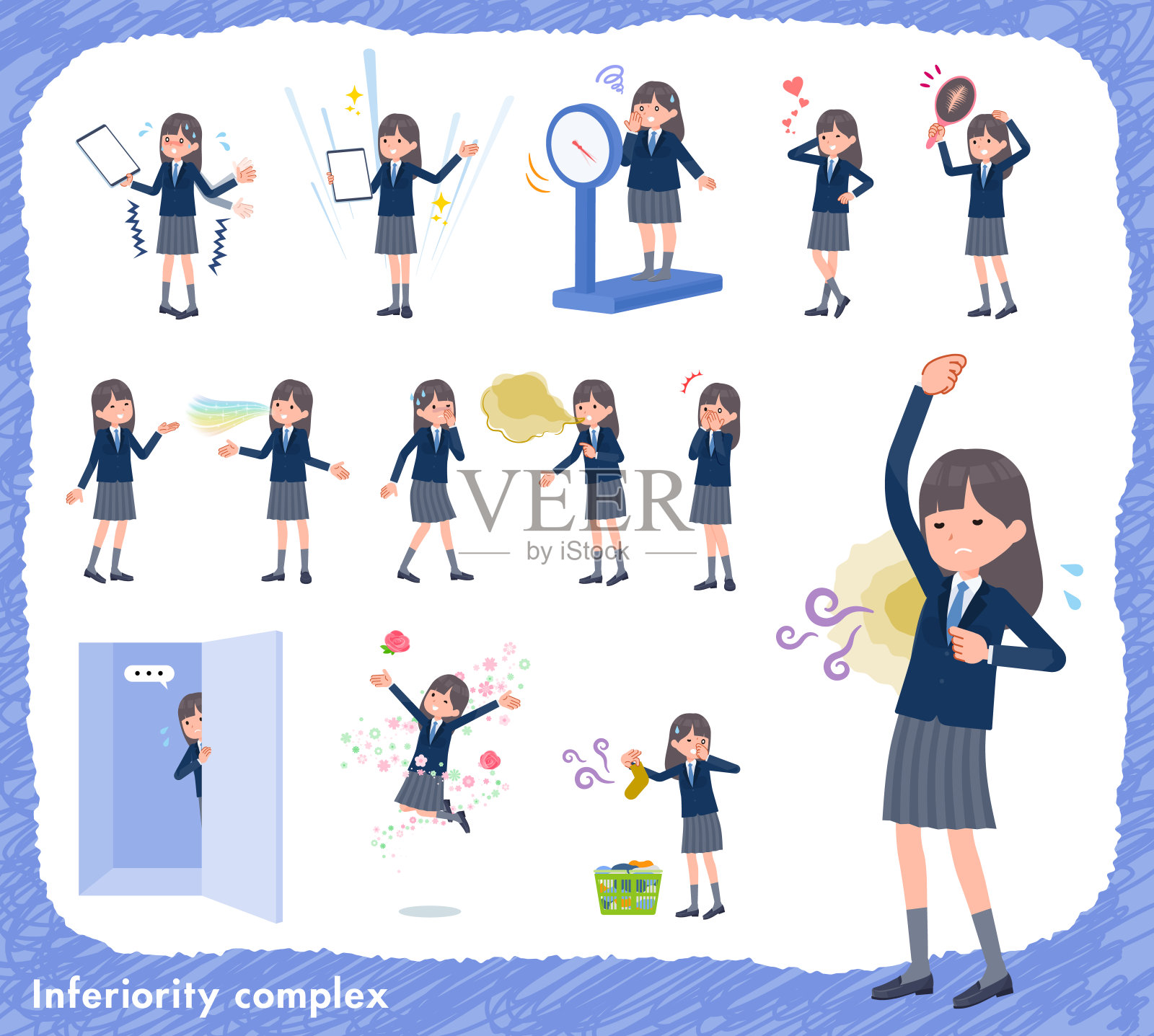 一套海军蓝外套的女学生自卑感插画图片素材