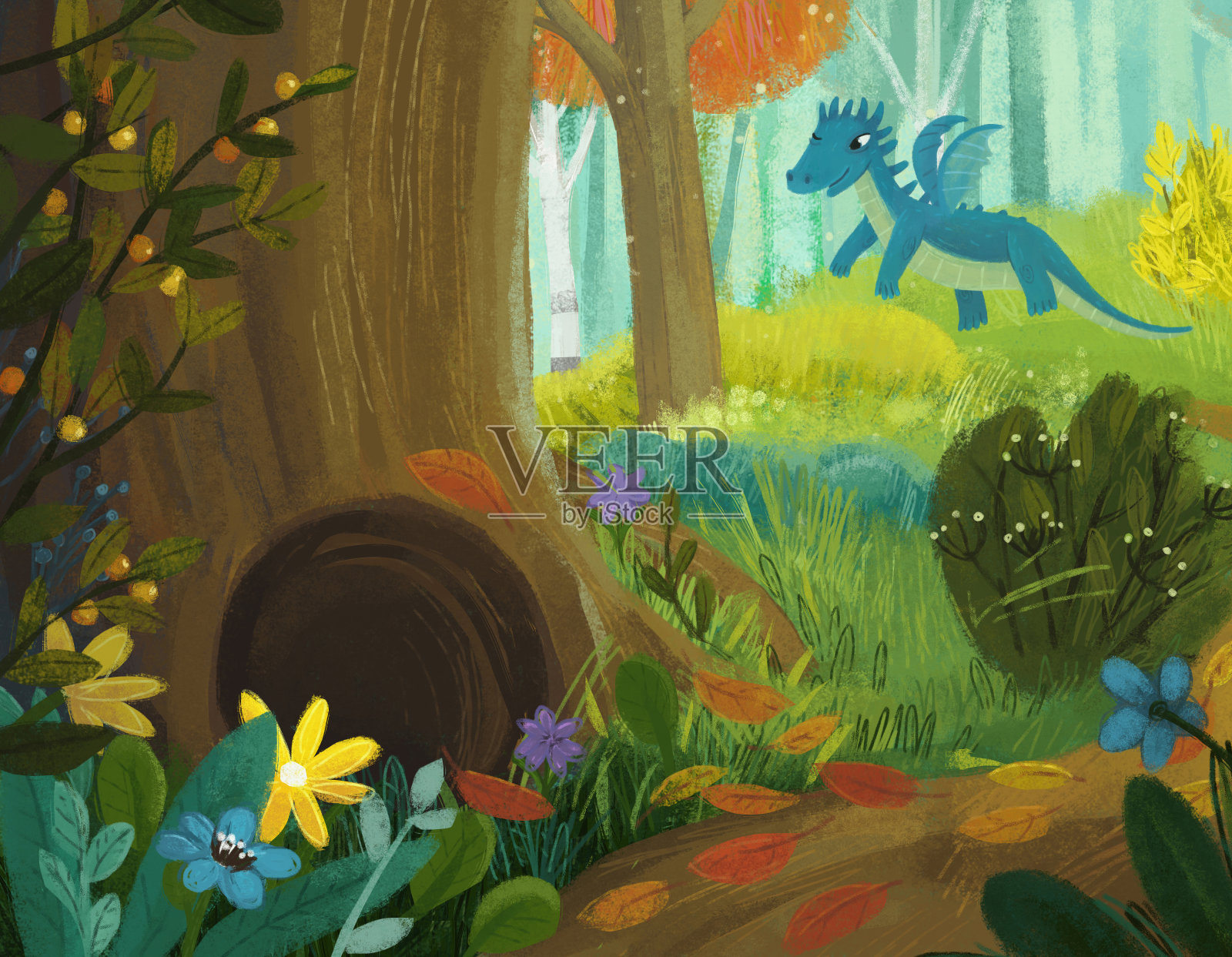 卡通场景与龙蜥蜴与神奇地看草地在森林里在阳光明媚的一天插图儿童插画图片素材
