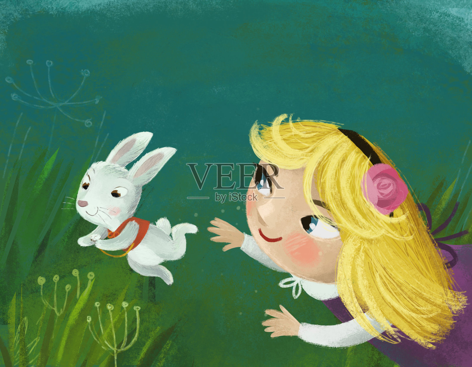 在阳光明媚的日子里，森林里神奇的草地上的卡通场景，为孩子们提供女孩和兔子的插图插画图片素材
