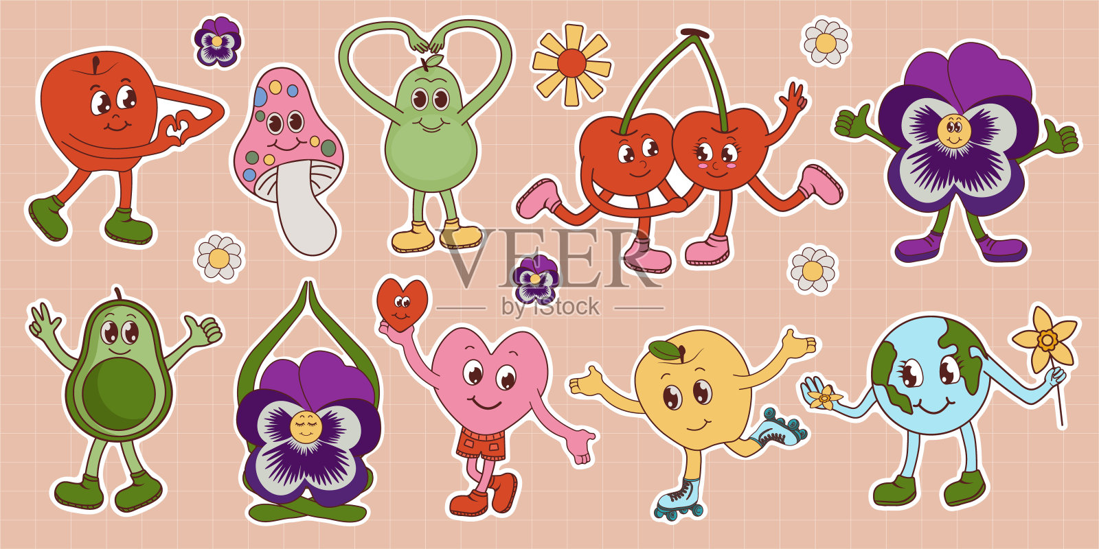 复古的字符和元素与70年代的嬉皮士风格集。插画图片素材