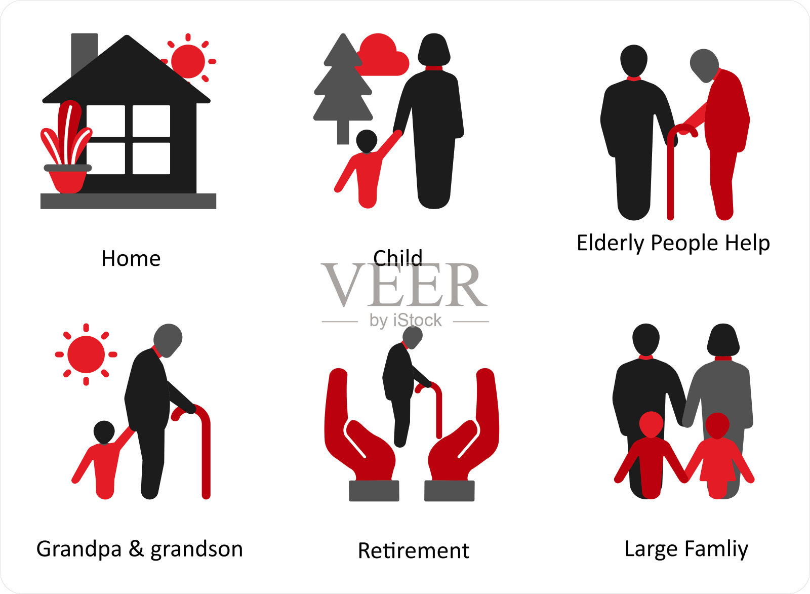 六个商业图标以红黑相间作为家、小孩、老人的帮助插画图片素材