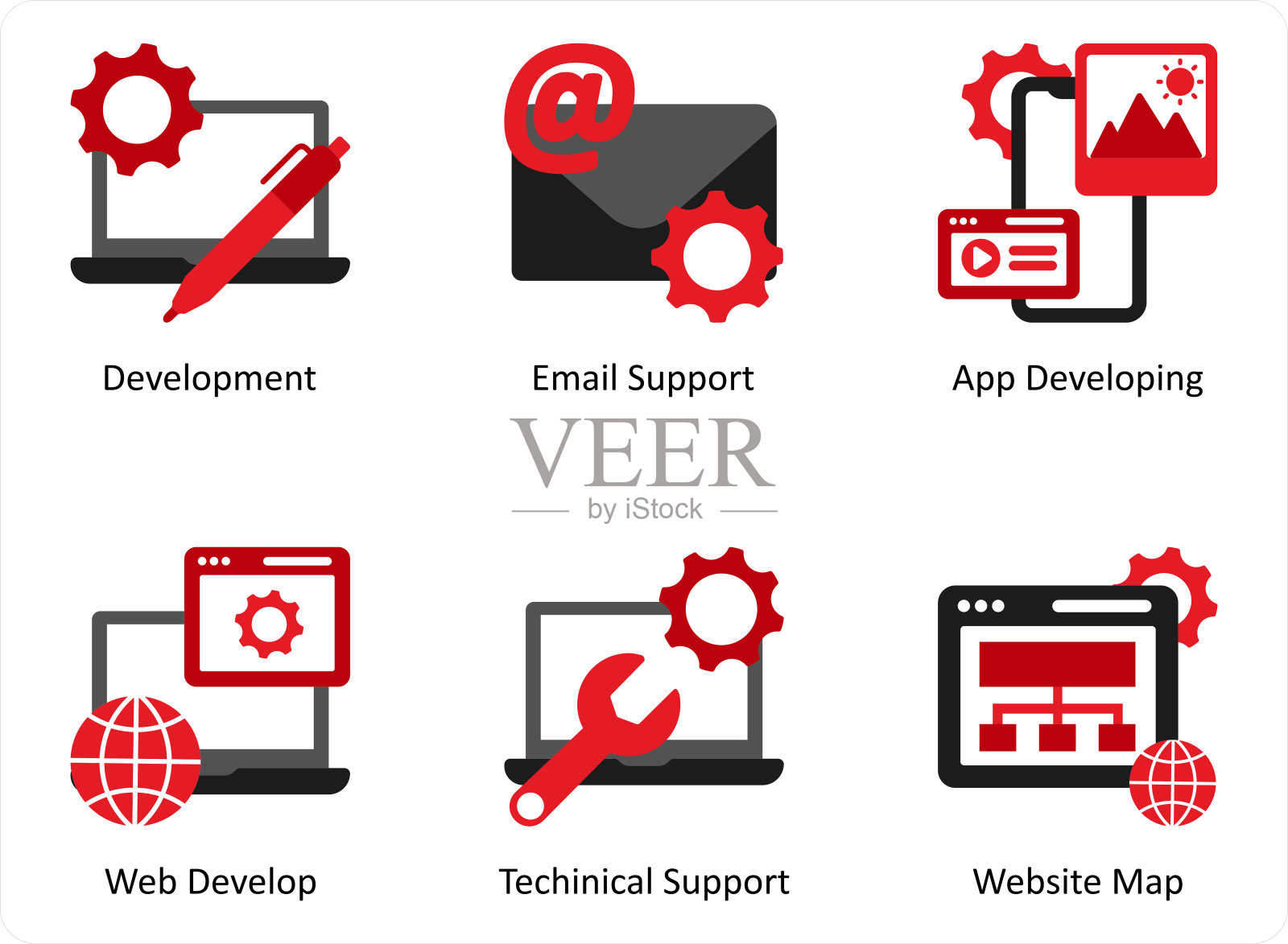 六个技术红色和黑色图标作为开发，电子邮件支持，应用程序开发插画图片素材