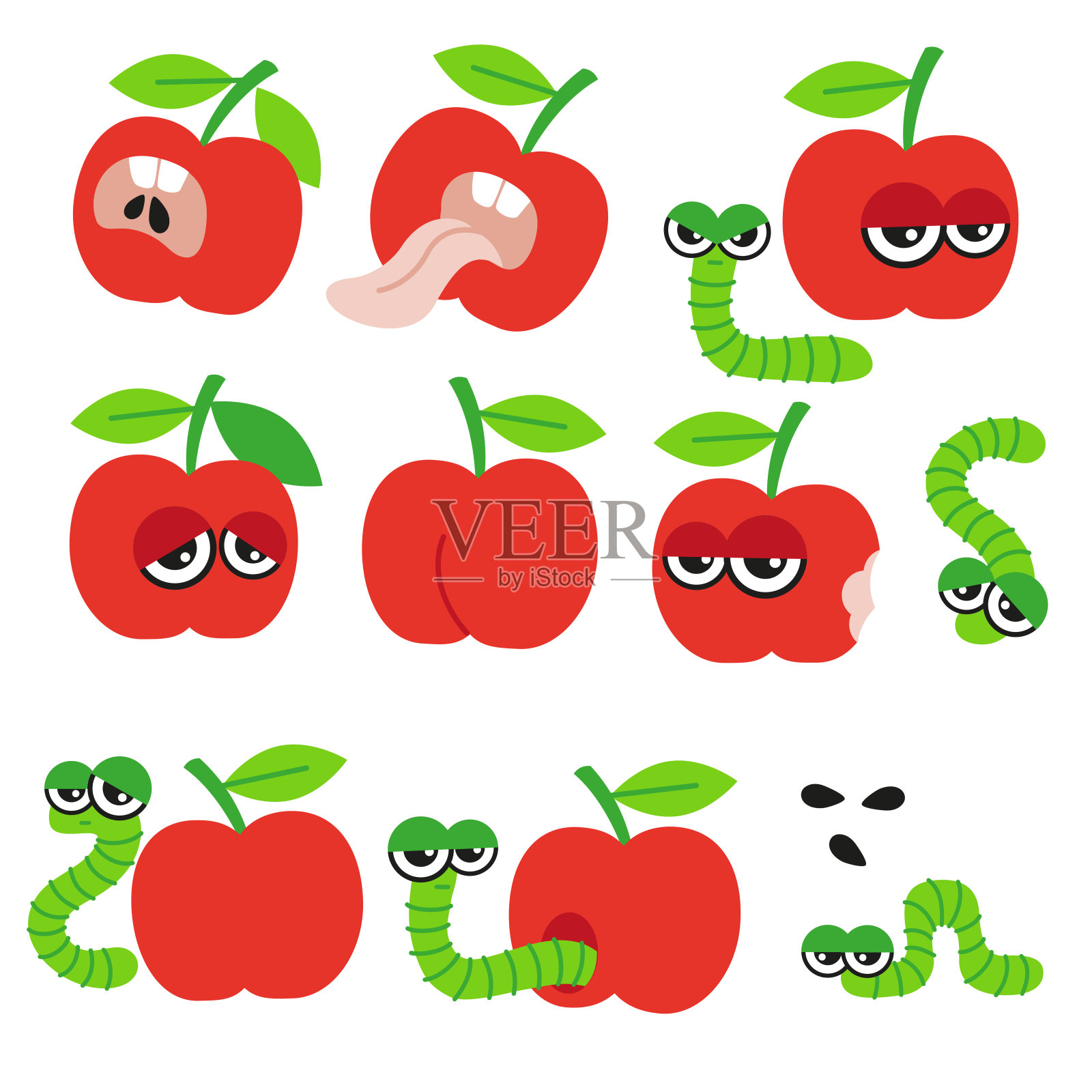 白色背景上的红色疯狂苹果和毛毛虫。一束手绘矢量插图在卡通风格插画图片素材