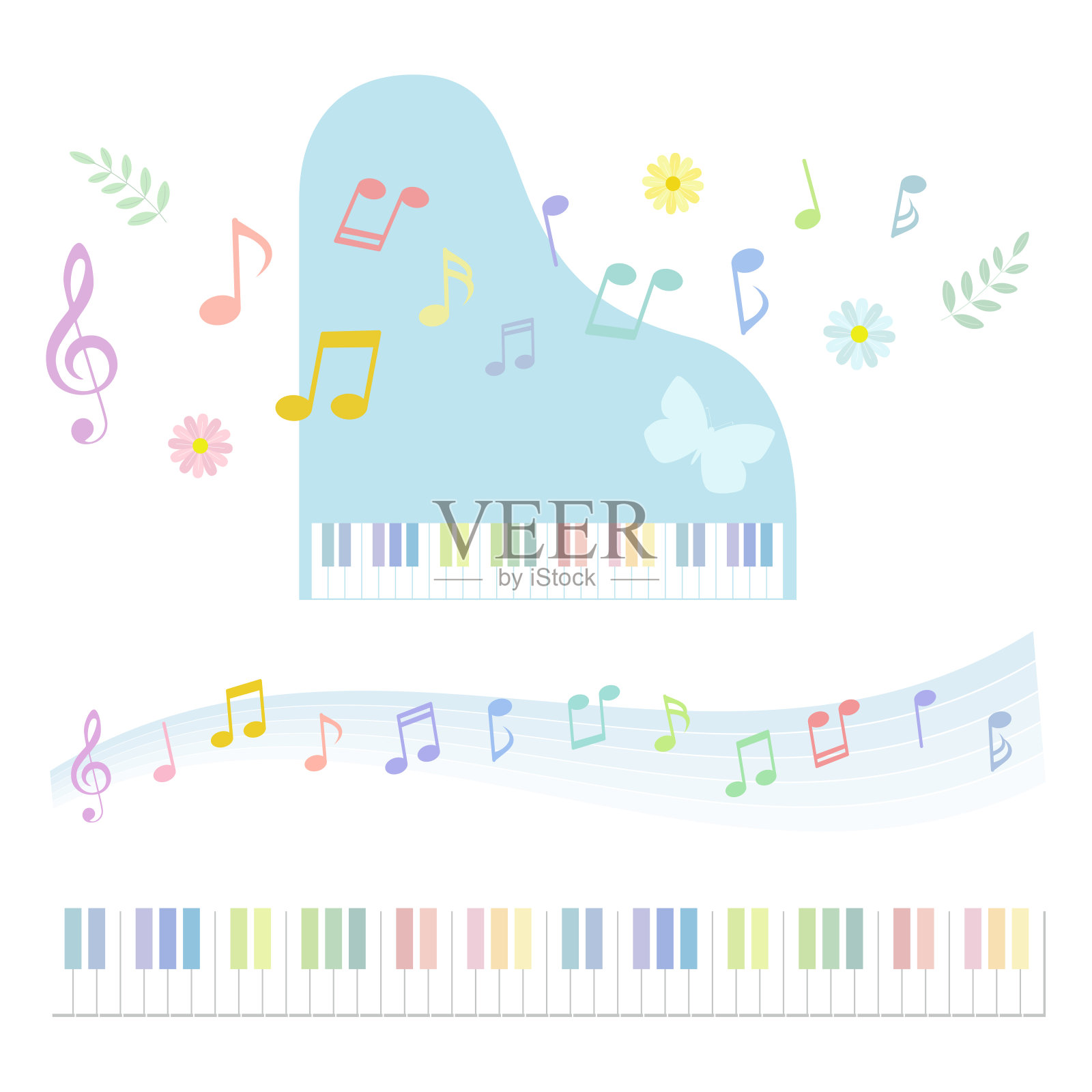 矢量插图集钢琴和彩色音符插画图片素材