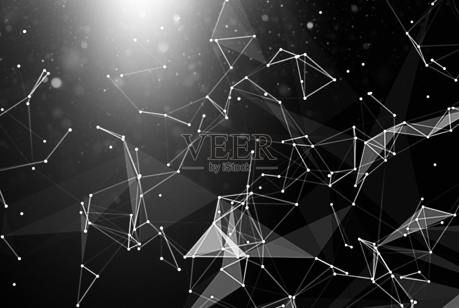 黑色的背景，白色发光的点和线。网络连接抽象背景，黑白主题。光泄漏。数字高科技照片摄影图片