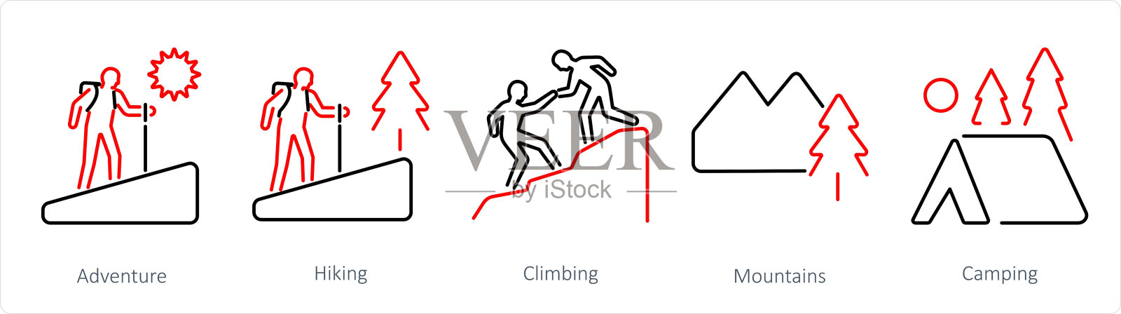 一套5个冒险图标作为冒险，徒步旅行，攀登插画图片素材