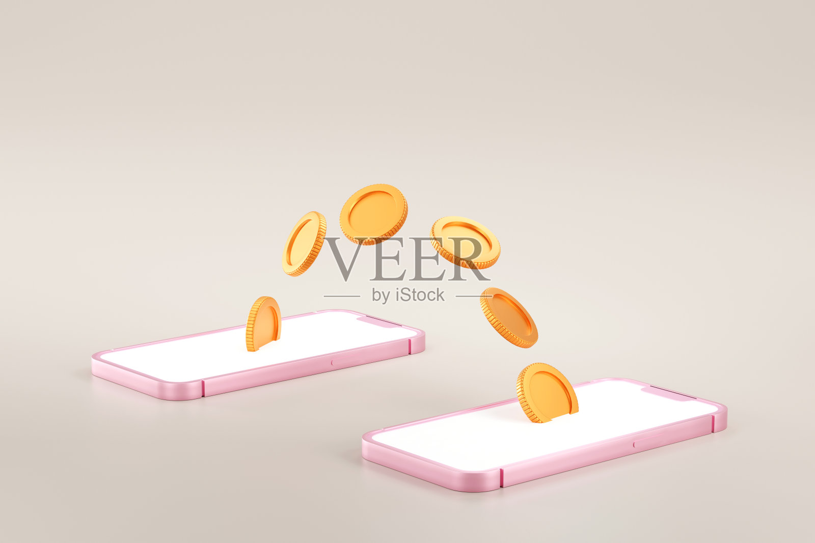 手机银行概念，硬币从智能手机转移到其他手机，网上转账，3D渲染。照片摄影图片