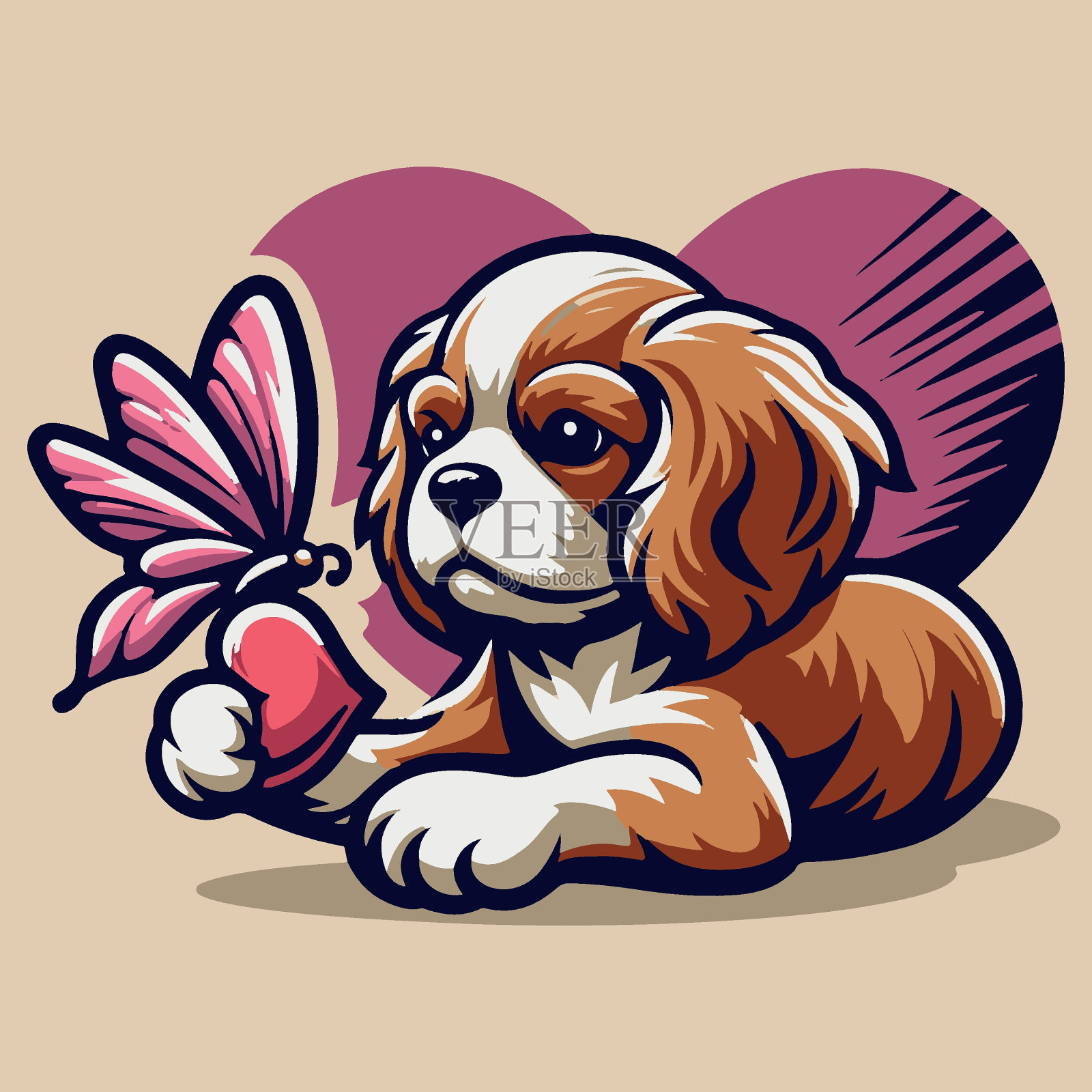 小狗与蝴蝶在心中嬉戏的互动插画图片素材