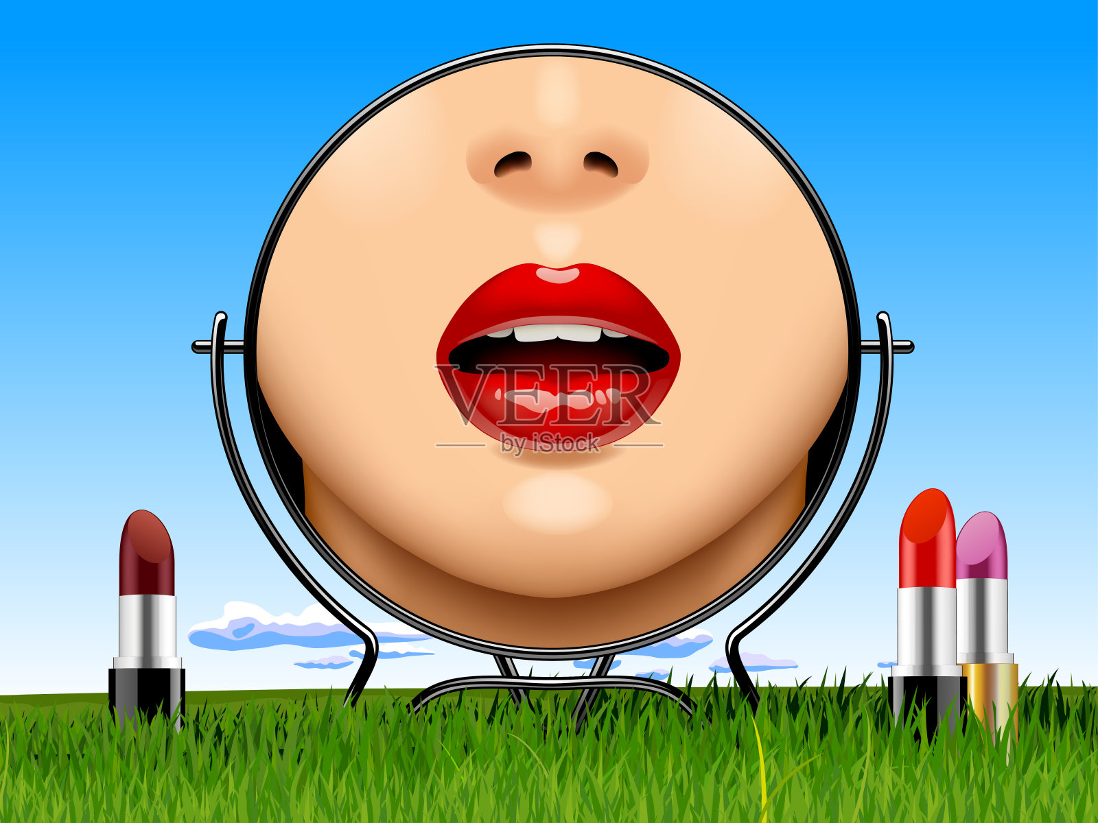 圆形镜子与女人的红色光泽的嘴唇反射和一套口红在一个夏天的风景插画图片素材