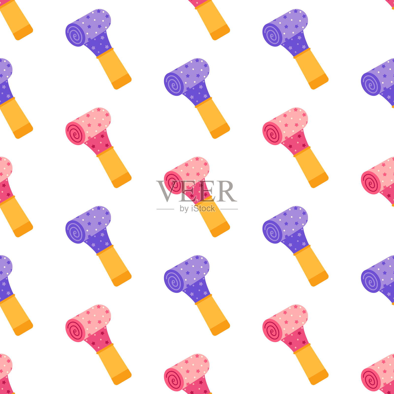 派对口哨无缝矢量图案。在生日、狂欢节、活动中用来吹气和制造噪音的大玩具。彩色配件，星星装饰。给孩子们一个有趣的惊喜。平面卡通背景插画图片素材