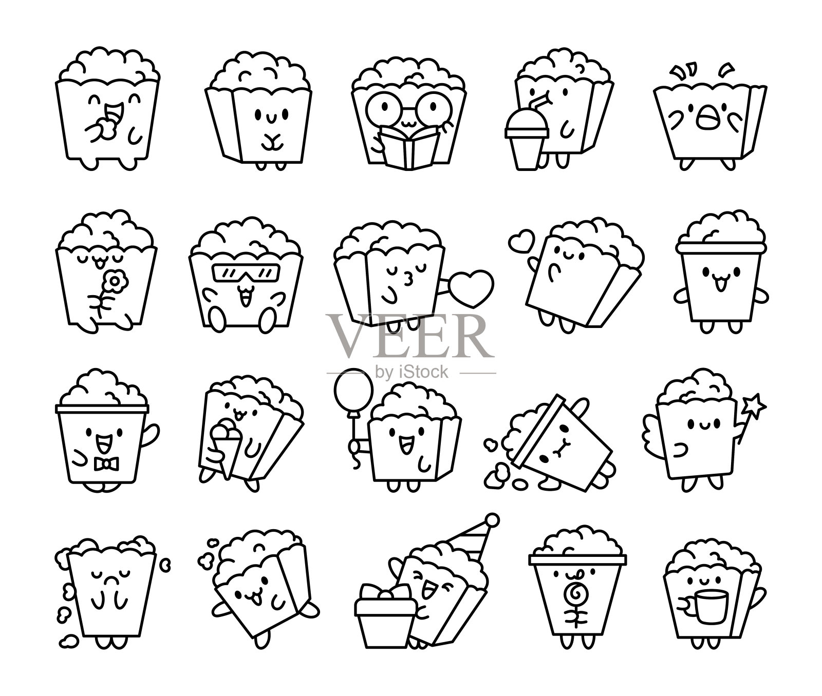 可爱的卡哇伊爆米花角色。着色页面。卡通有趣的条纹桶脆脆的食物。手绘风格。矢量图。设计元素的集合。插画图片素材