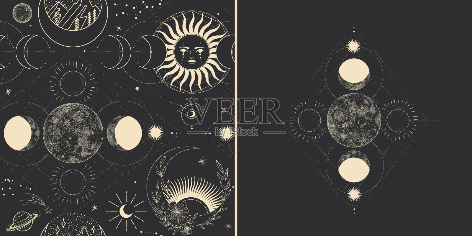 矢量插图月相集。不同阶段的月光活动在复古雕刻风格。星座插画图片素材