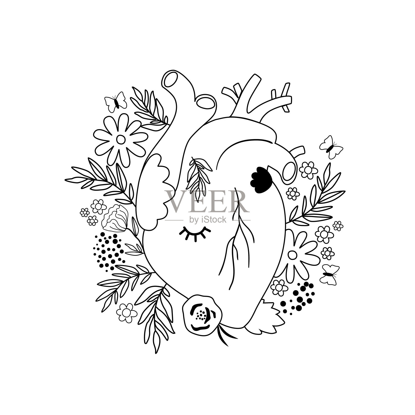 花解剖心为情人节黑白分离元素。矢量着色页人的心插画图片素材
