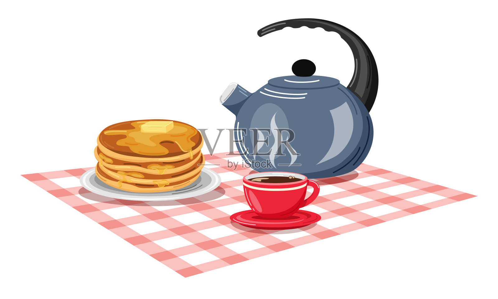 矢量插图的早餐，水壶，一杯热咖啡和一堆煎饼与融化的黄油在一个红色方格桌布。插画图片素材
