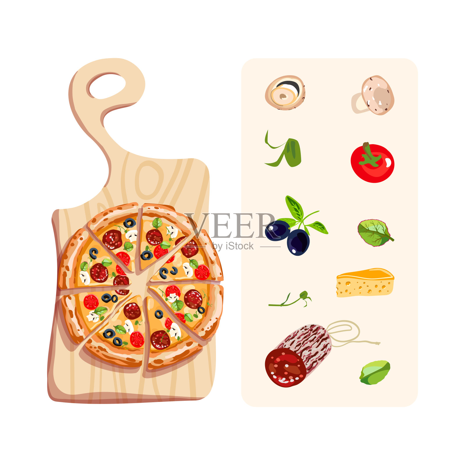 意大利菜。砧板上开胃的意大利辣香肠披萨。披萨的配料。向量插画图片素材