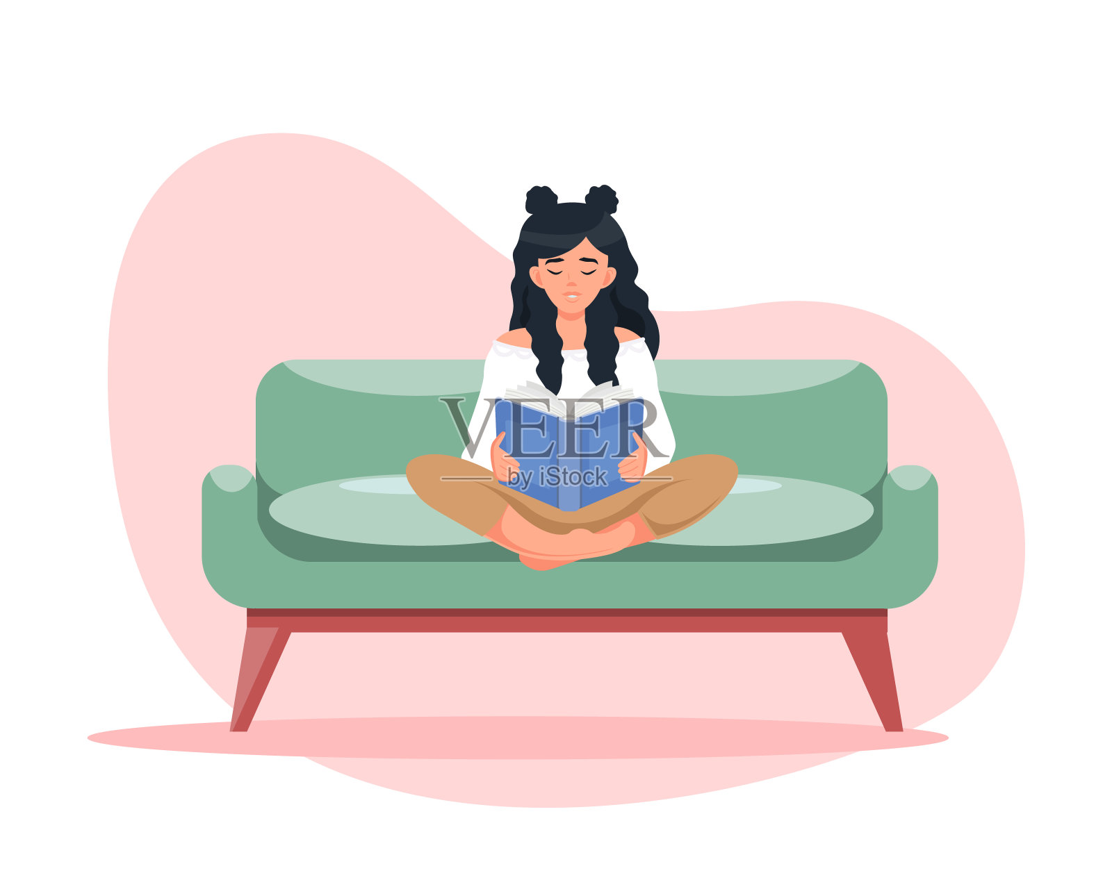 这个女孩正以莲花的姿势坐在沙发上看书。教育，阅读，自我发展插画图片素材