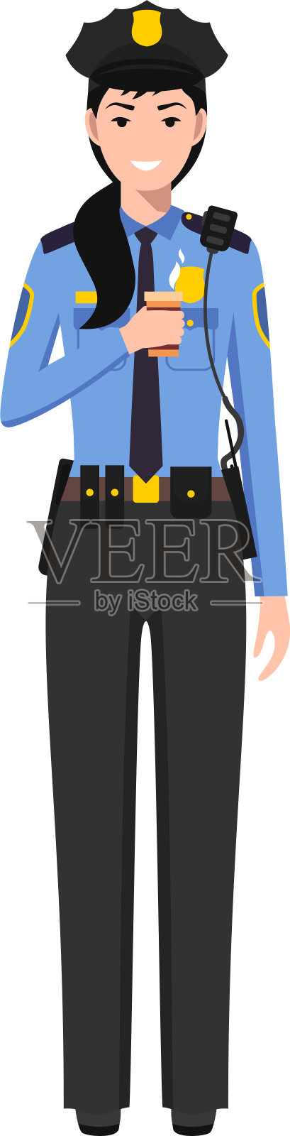 站着的美国女警拿着一杯咖啡，穿着传统的制服。矢量插图。插画图片素材