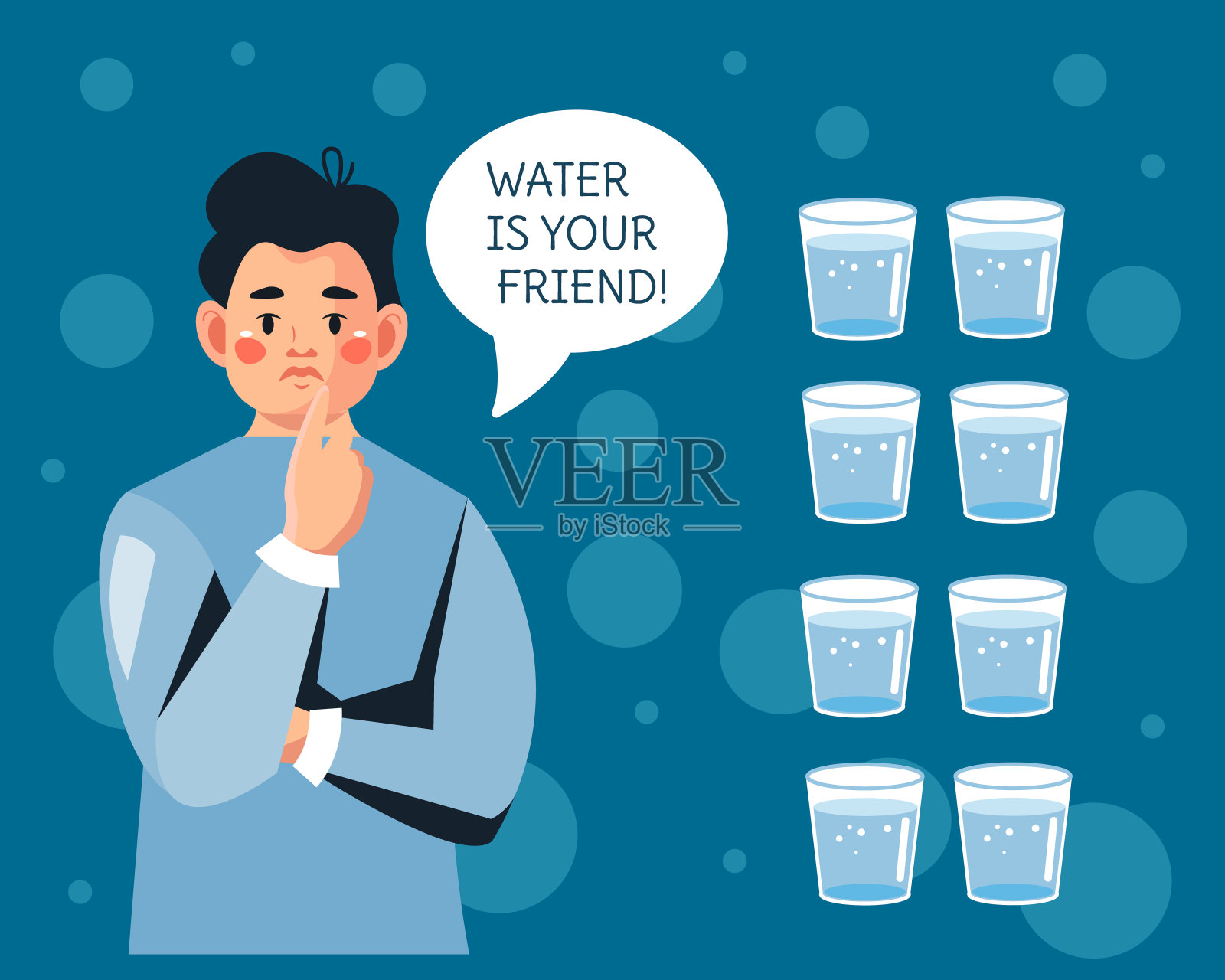 一个年轻人和几杯水。每天的用水量。向量插画图片素材