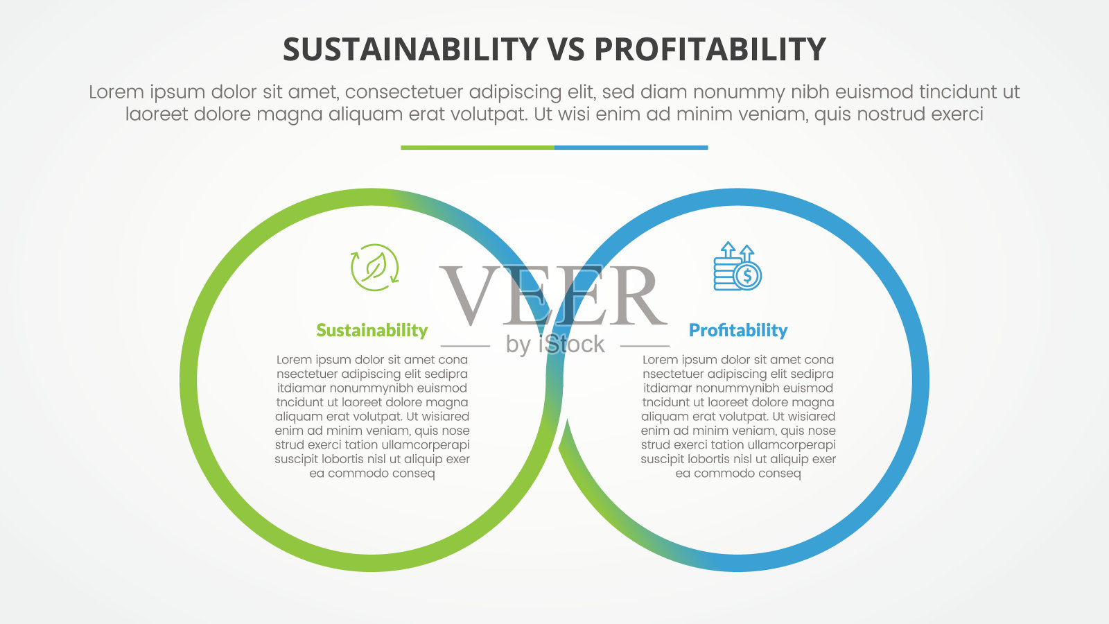 可持续性与盈利能力的比较与幻灯片演示的信息图表概念相反，幻灯片演示具有大轮廓，圆形，圆形，平面风格插画图片素材