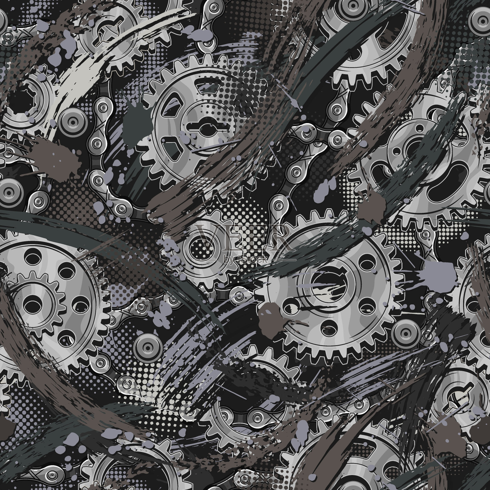无缝灰色迷彩图案带齿轮，油漆飞溅，涂抹油漆笔触，点状半色调纹理。适用于服装、织物、纺织品、体育用品。不是人工智能插画图片素材