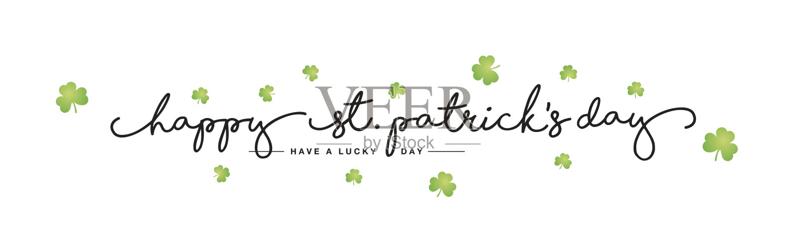 圣帕特里克节快乐手写字体字体线设计绿色三叶草白色背景横幅插画图片素材