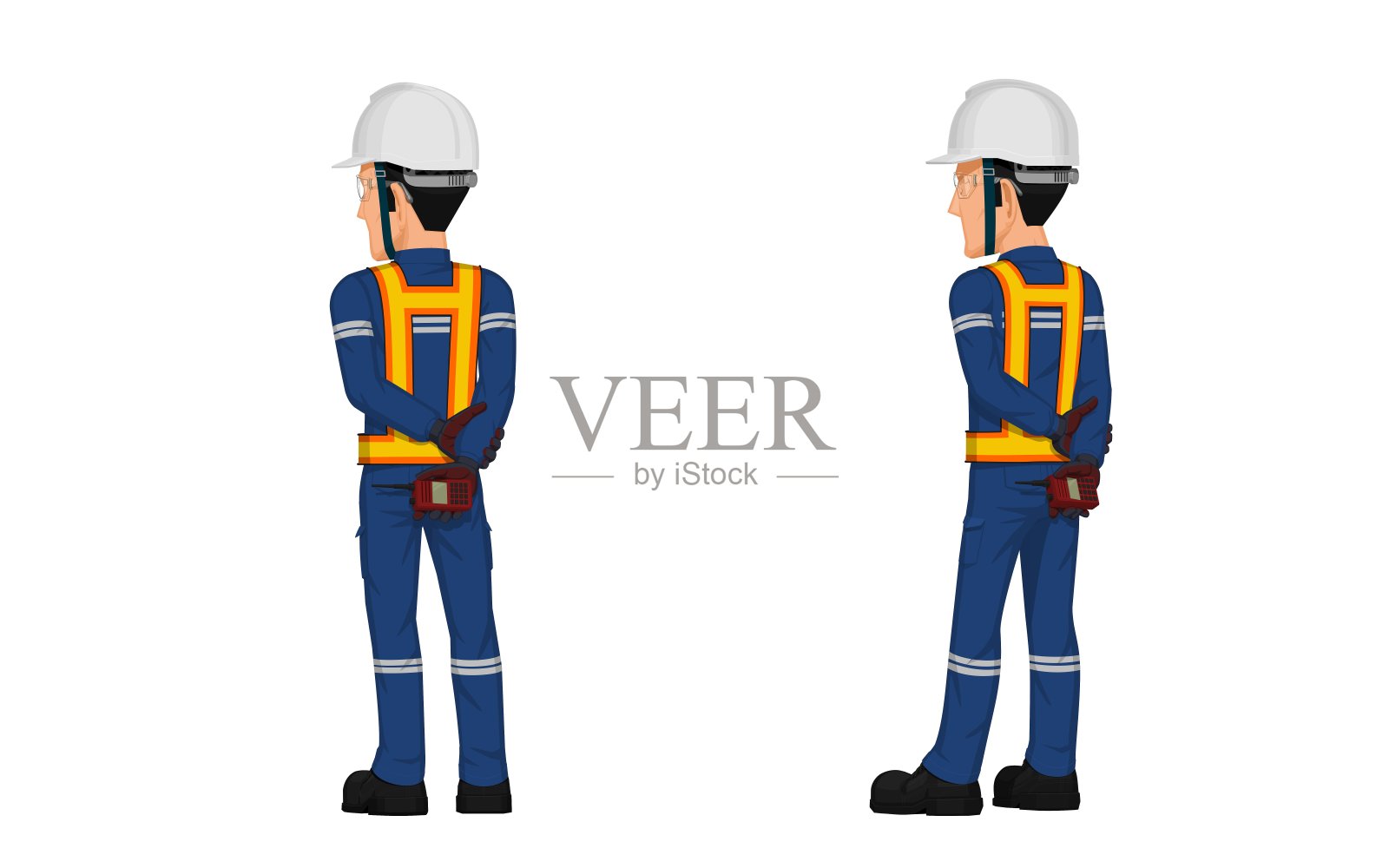 产业工人手持对讲机，背景为白色插画图片素材