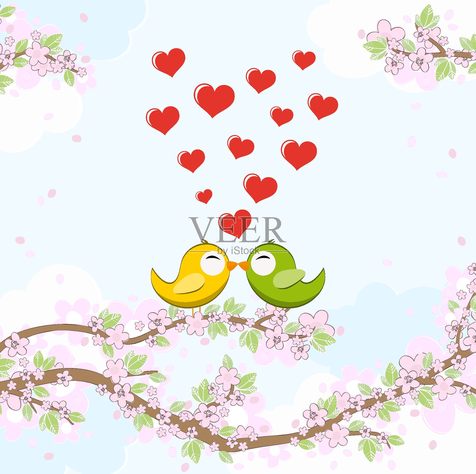 在花枝上相爱的鸟儿插画图片素材