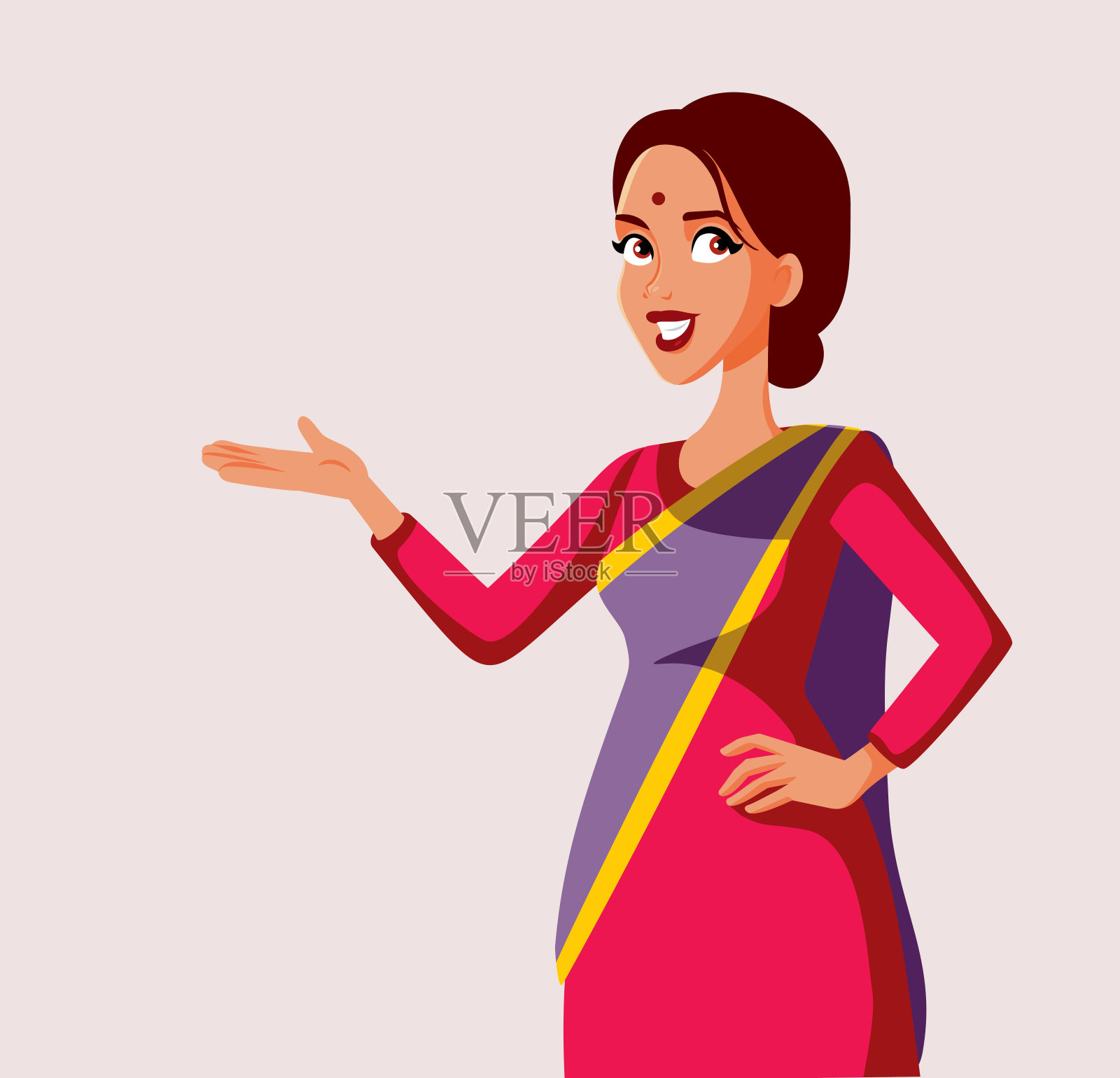 快乐的年轻印度妇女做演示手势矢量字符插画图片素材