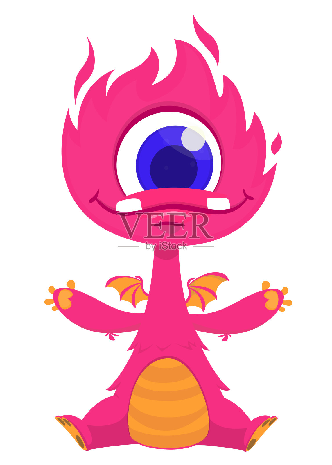 卡通快乐的独眼怪物坐在那里挥舞着双手。矢量插图隔离在白色插画图片素材