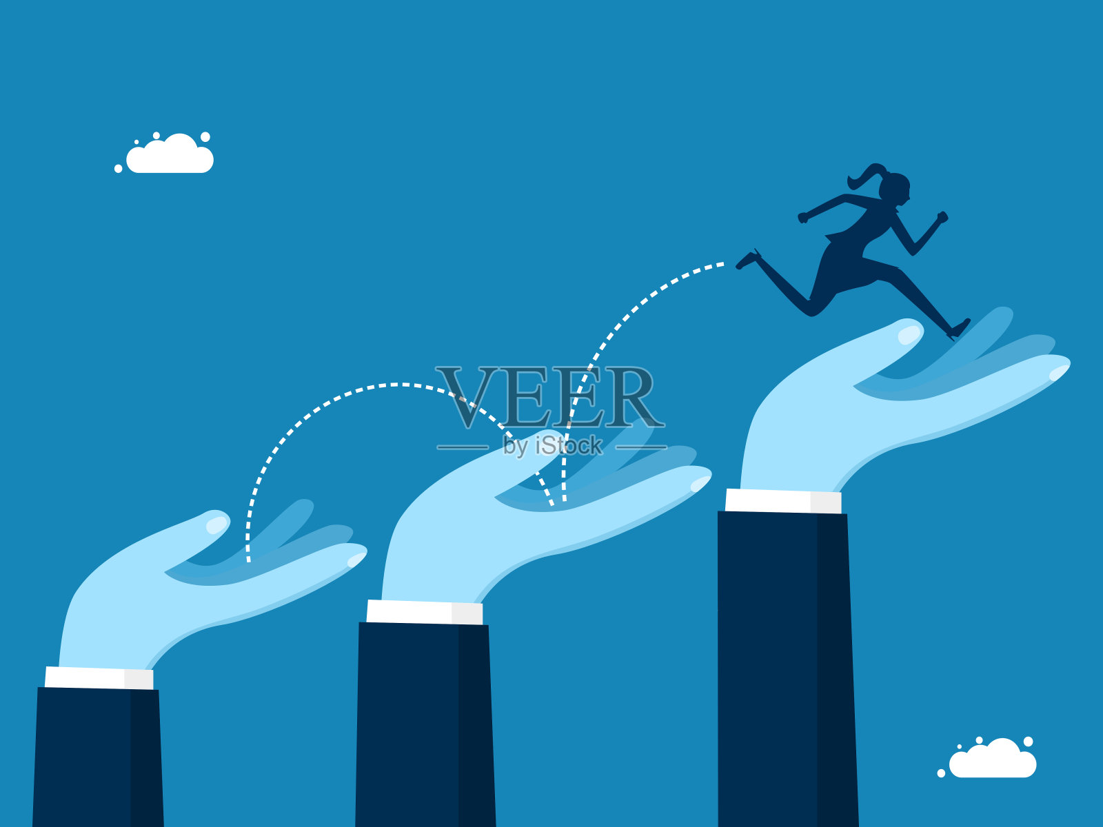 业务支持。女人用大手跳上楼梯前进插画图片素材