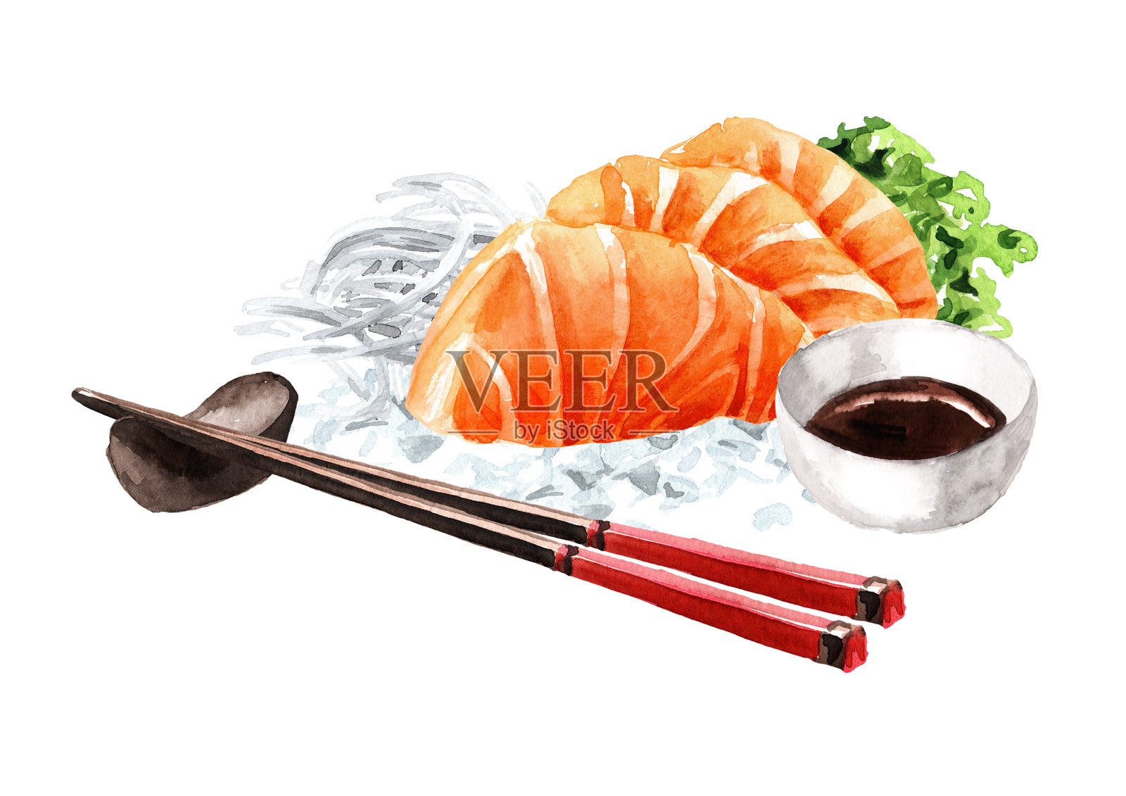 日本三文鱼生鱼片，手绘水彩插图，孤立的白色背景插画图片素材