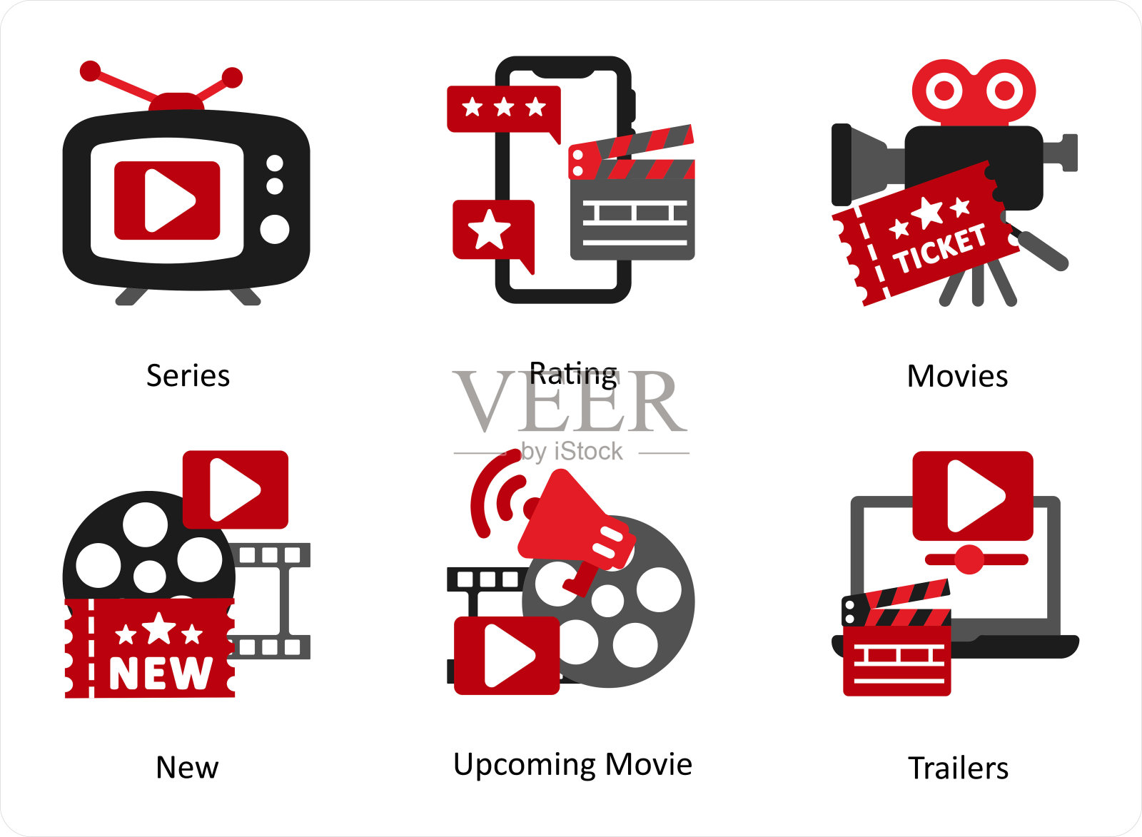 红色和黑色的六个电影图标表示系列，评级，电影插画图片素材