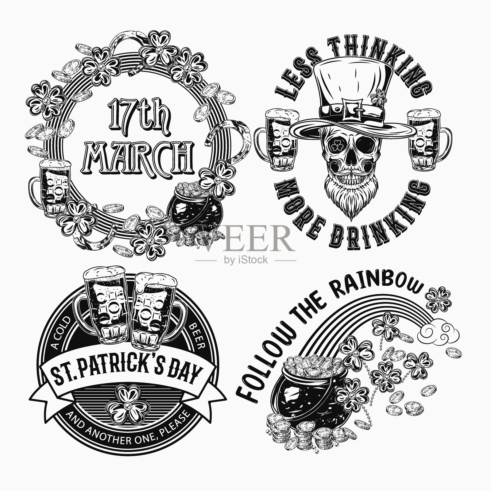 圣帕特里克节单色标签与假日对象，文字在白色背景。骷髅，啤酒，三叶草，彩虹。用于服装、服饰、t恤、节日用品、商品装饰。复古风格插画图片素材