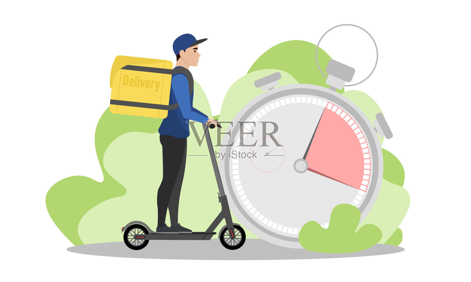 快递员插图。一个年轻人背着背包骑着电动滑板车。快速交付。送货服务。插画图片素材
