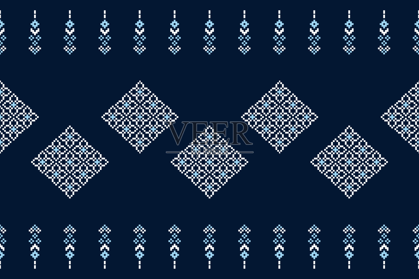 传统的民族图案是几何织物图案十字绣。伊卡特刺绣民族东方像素海军蓝背景。抽象,向量,插图。质地、围巾、装饰墙纸。插画图片素材