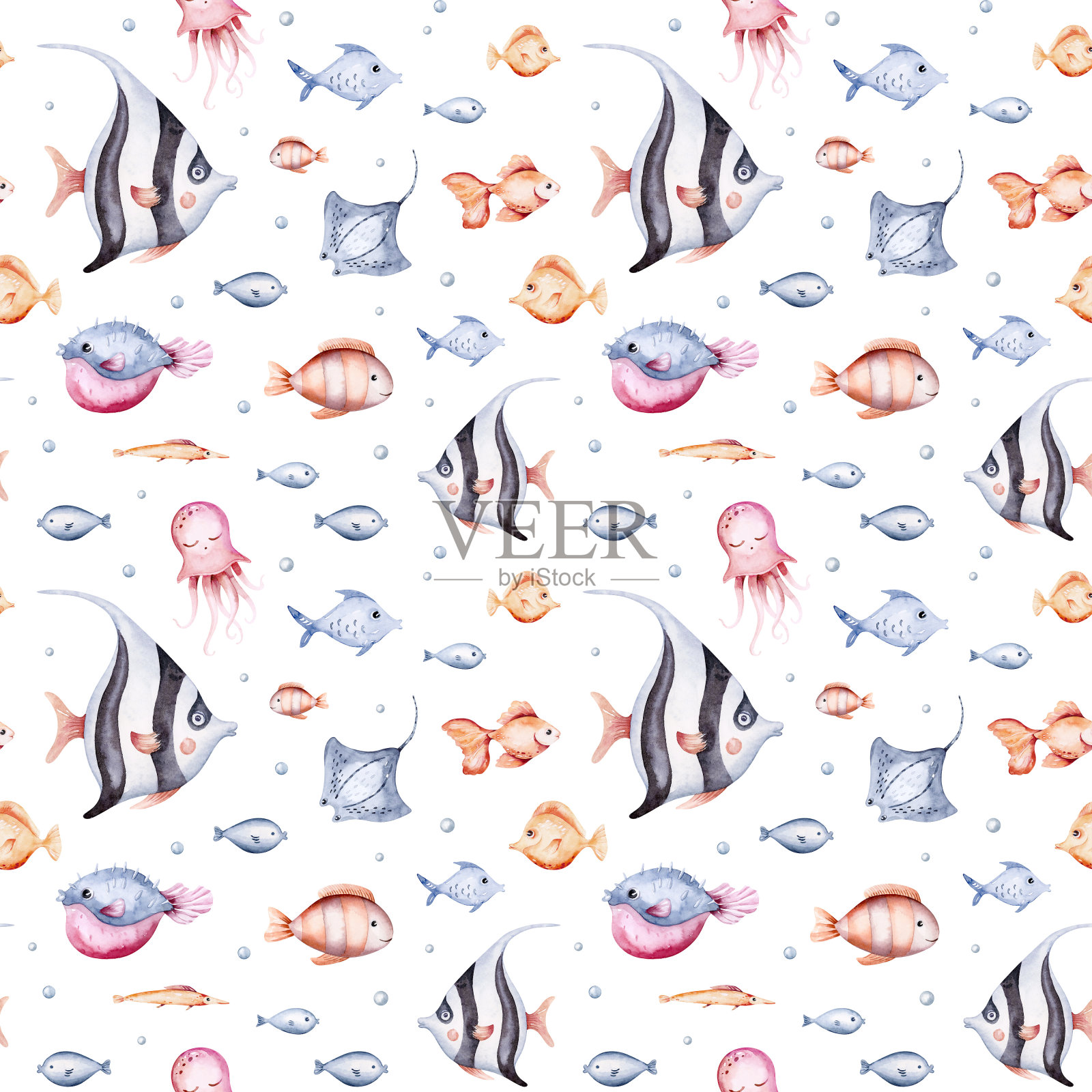 海洋卡通动物的无缝图案。蓝色水彩海洋鱼，海龟，鲸鱼和珊瑚。贝壳水族馆海豚，蟹章鱼航海插图，水母，海星插画图片素材