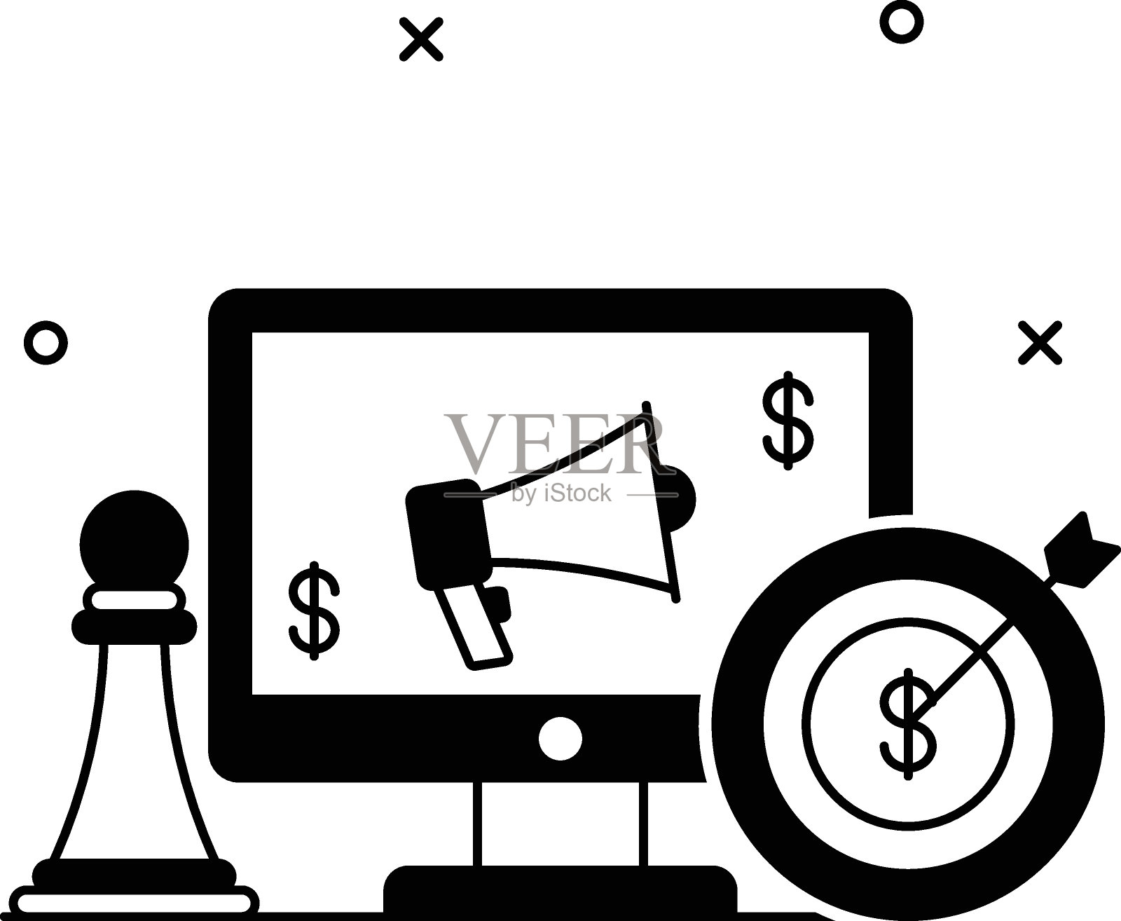 互联网广告评估矢量图标设计，商业策略符号，市场拓展标志，监督和运营控制库存插图，互动营销策略概念插画图片素材