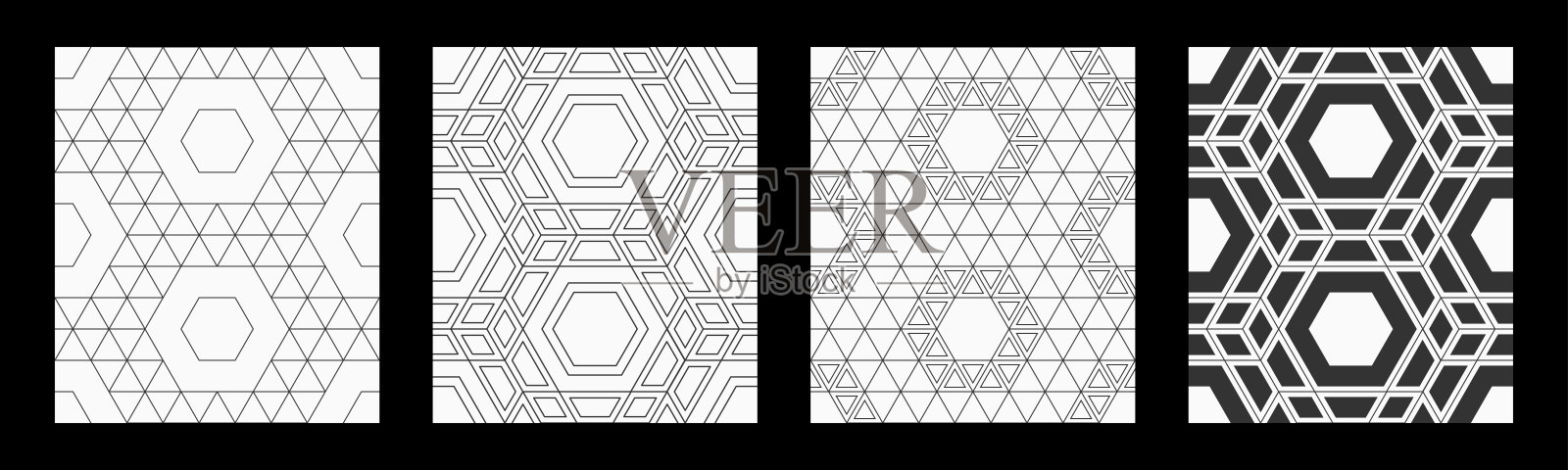 四矢量无缝几何六边形图案的集合。马赛克图案。插画图片素材