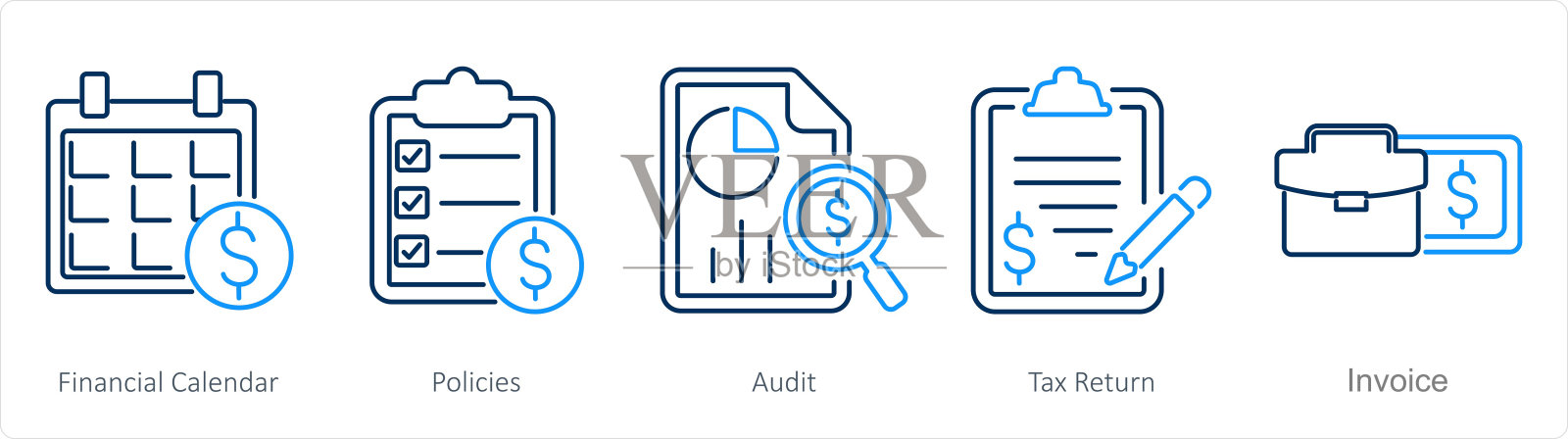 一套5个会计图标作为财务日历，政策，审计插画图片素材