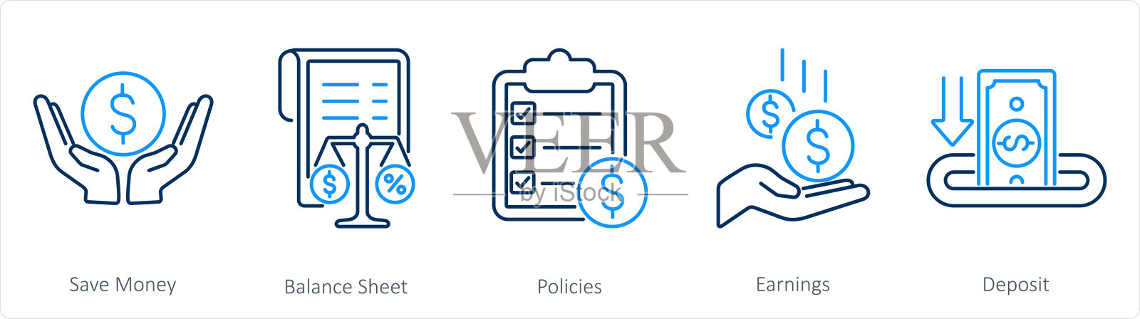 一套5个会计图标，如省钱，资产负债表，政策插画图片素材
