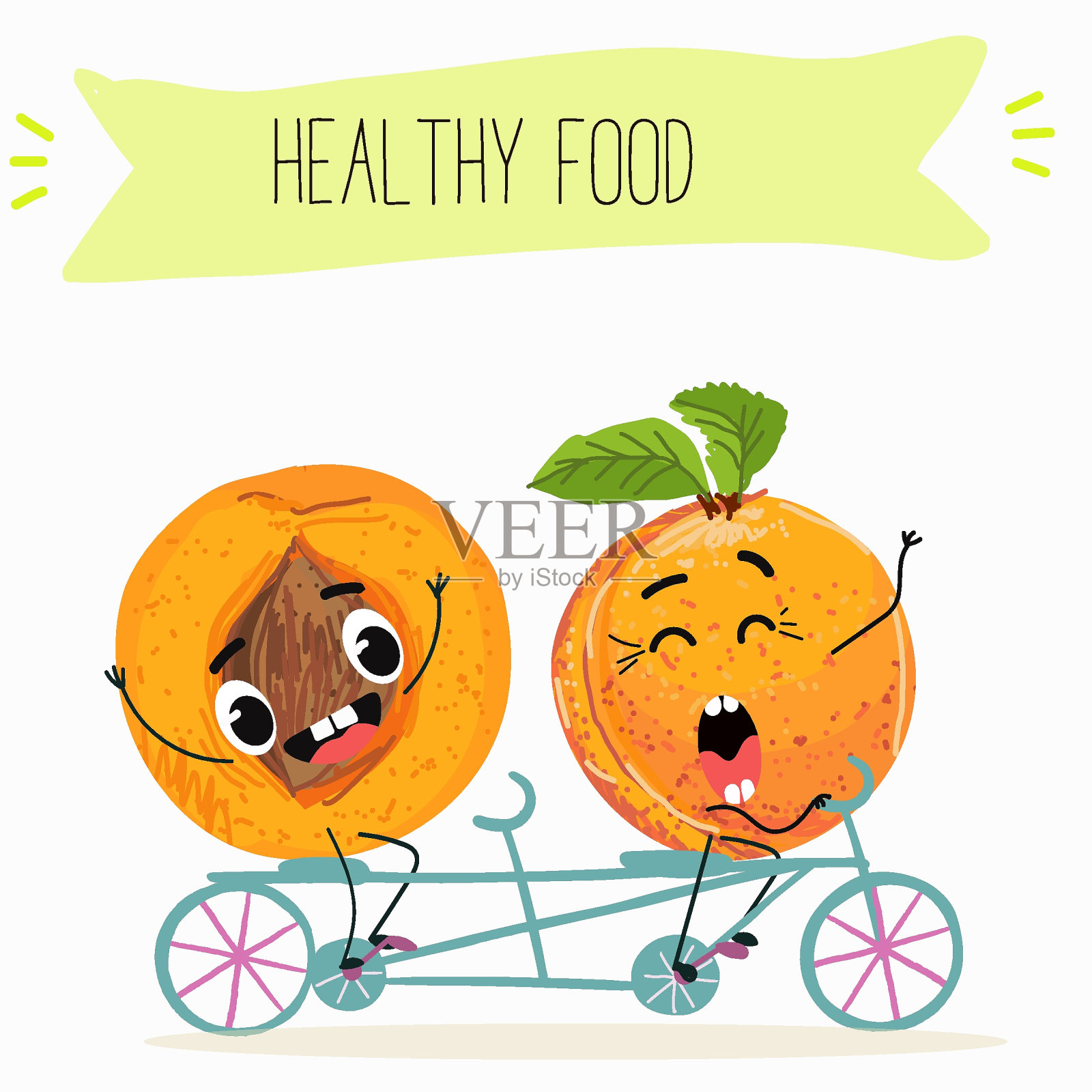 可爱的卡通杏、桃人物配合不同的活动。平面矢量插图，有趣的水果。有机食品。插画图片素材