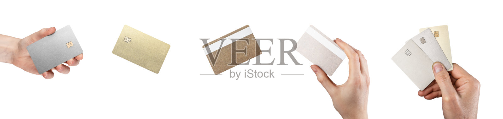 手持银行信用卡模拟。空白银行卡模型设置，隔离在白色照片摄影图片