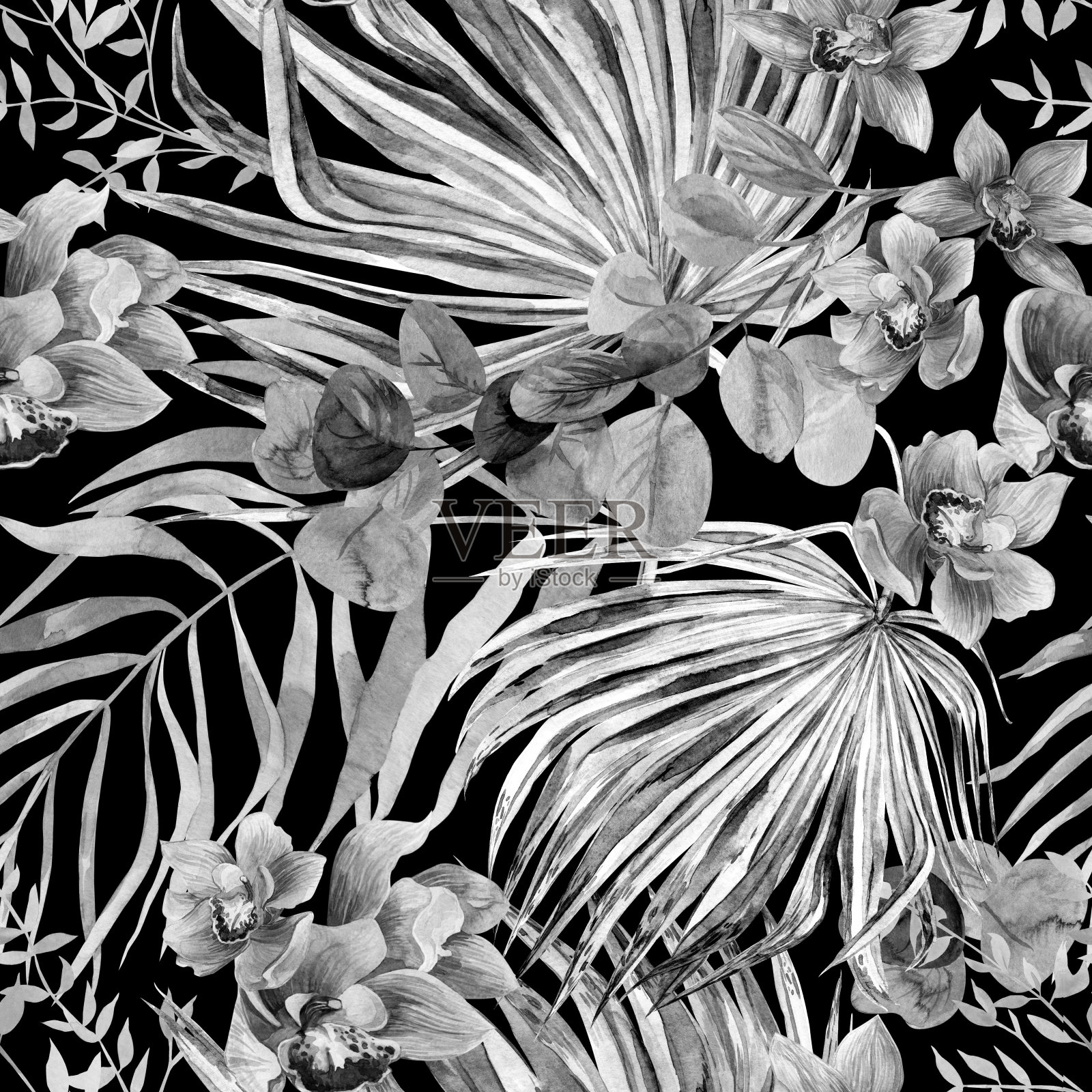 无缝植物单色黑白图案与水彩花和棕榈叶。纺织品图纸插画图片素材